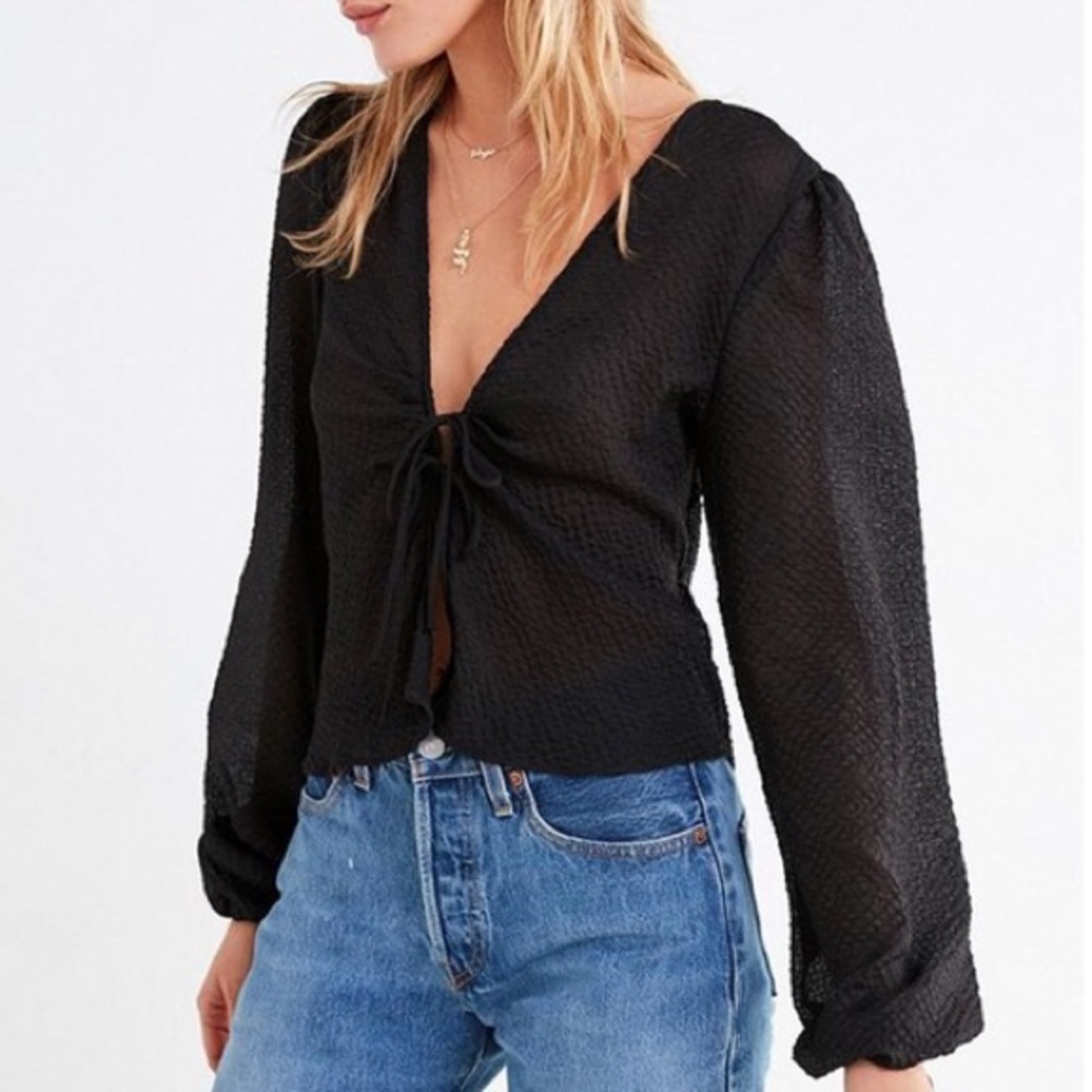 UO Black Sheer Tie Front Bell Sleeve Blouse